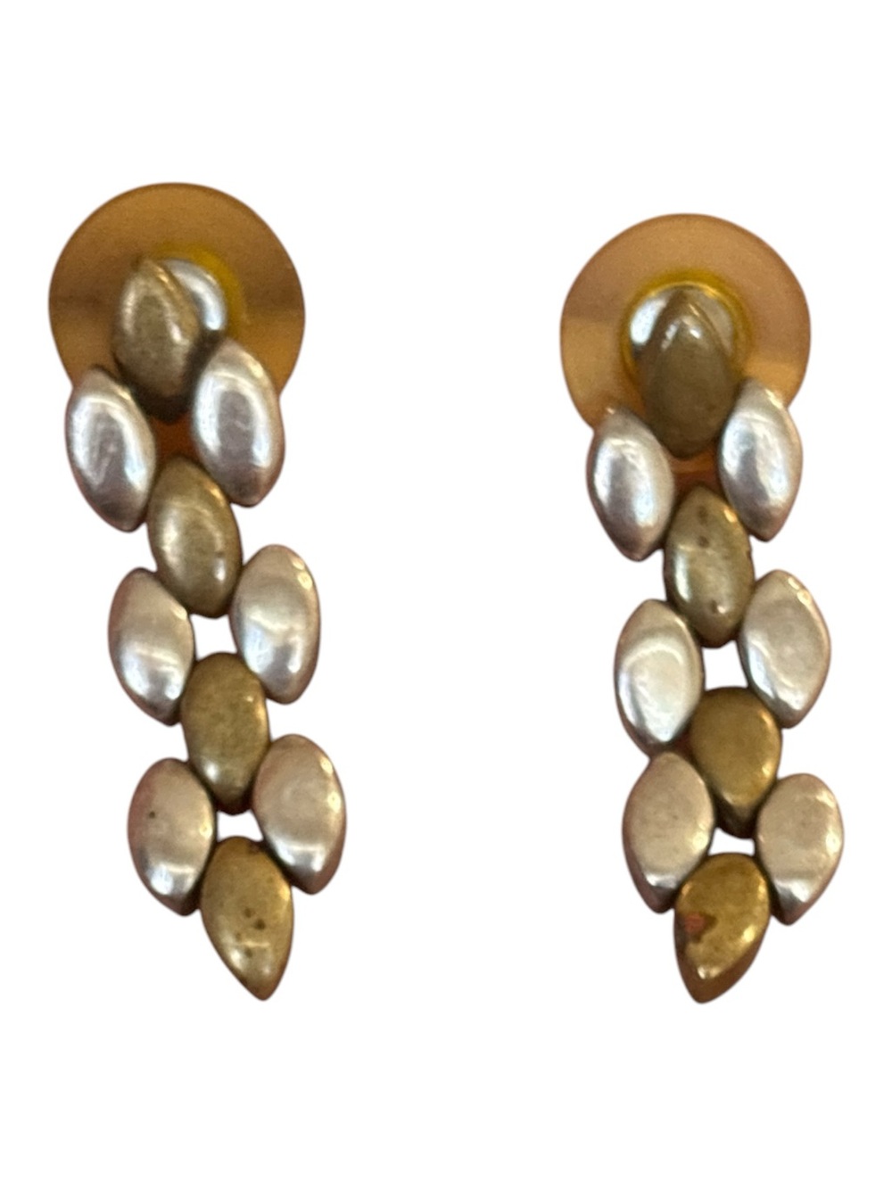 MEXICAN 925 STERLING SILVER TWO TONE ARTICULATED LEAF DROP EARRINGS MODERNIST